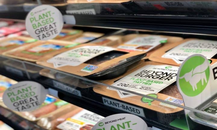 plant-based meat alternatives on a store shelf