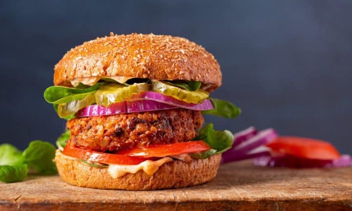 A plant-based burger made from sweet potatoes