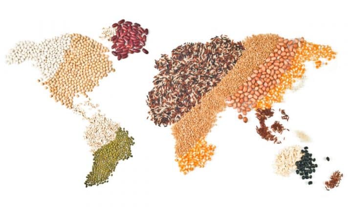 A map of the world made with various grains and beans