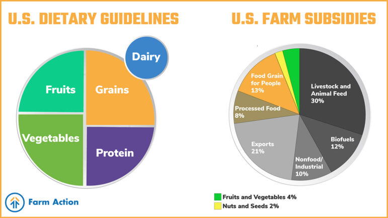 A pie chart comparison from Farm Action shows discrepancies between the large percentage of subsidy money directed toward grain for livestock feed and other non-food uses, vs. the small amount of subsidy money directed toward production of the foods recommended by USDA dietary guidelines (vegetables, fruits, proteins, nuts and seeds, and grains). 